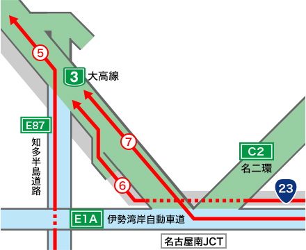 他の道路から3号大高線（北行き）に入る走行ルート