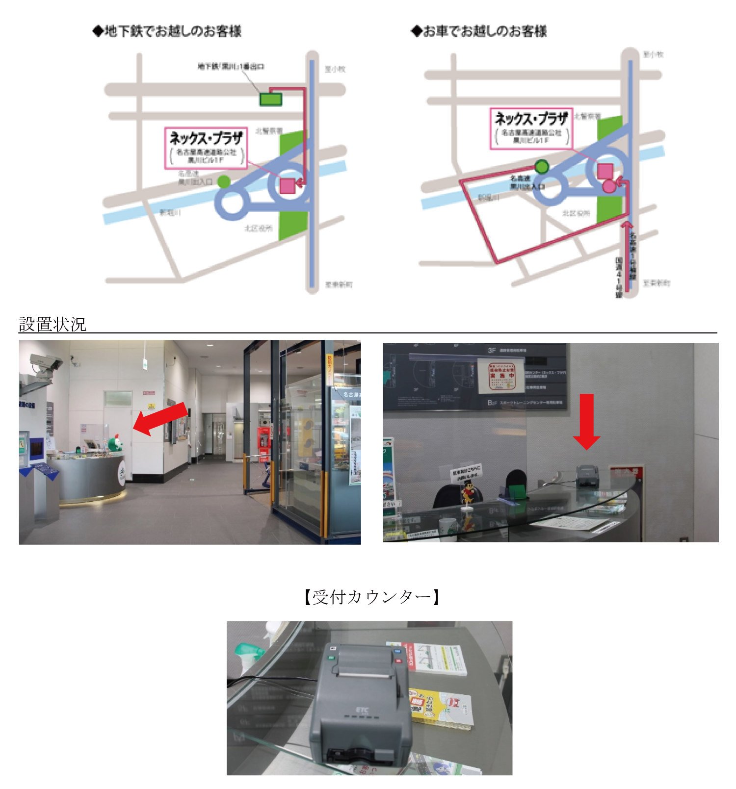 画像上部には地下鉄・車でのアクセスが図を用いて記載されている。地下鉄でお越しのお客様は、地下鉄名城線「黒川」駅1番出口から東へ進み、黒川交差点を右に曲がり、南へ徒歩5分。車でお越しのお客様は、東新町から国道41号を北に進むか、名古屋高速1号楠線黒川出口を左折で出て250mほど西に進み、金城橋西交差点を左折、100mほど南に進んで柳原三交差点を左折、450mほど東に進んで北区役所南交差点を左折する。北区役所を通りすぎると左側に地下駐車場への入口がある。画像下部にはネックス・プラザ館内の写真を掲載し、ETC利用履歴発行プリンターの設置箇所を示している。正面入口を進んで左側にある受付カウンターに設置されている。