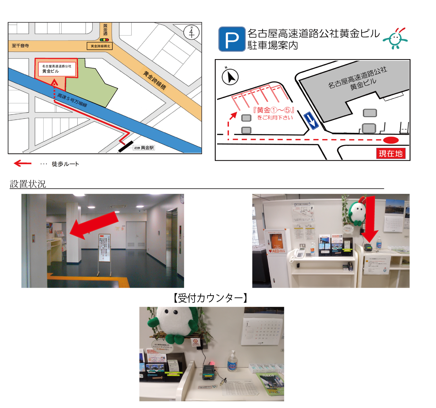 画像上部には徒歩でのアクセスが地図を用いて記載されている。アクセス方法は上述の表のとおり。車でお越しのお客様は、黄金①～⑤の駐車場を利用できる。画像下部には黄金ビル内の写真を掲載し、ETC利用履歴発行プリンターの設置箇所を示している。正面入口を進んで左側にある受付カウンターに設置されている。