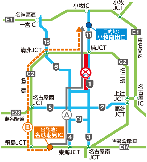 ［伊勢湾岸道］名港潮見→［名高速］小牧南出口